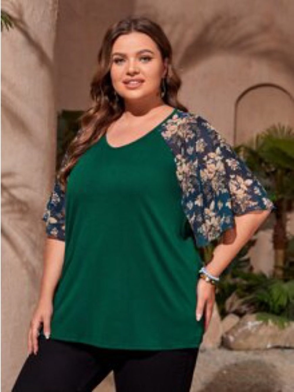 Plus Size Emerald Top w/ Navy Floral Flutter Sleeves Boho Summer Tee 4X